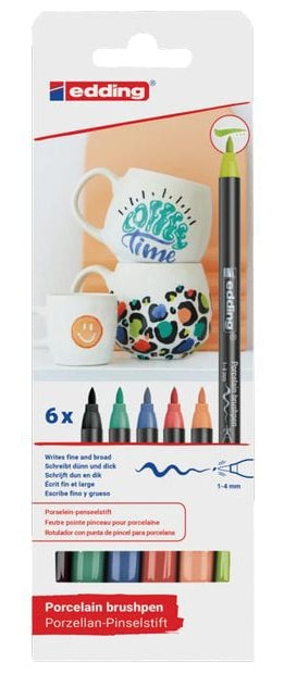 Edding 4200 Porzellanmarker – Pinselspitze 1–4 mm – mehrfarbig – 6er-Set – für Keramik, Glas und Porzellan