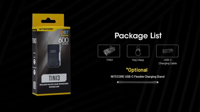 Nitecore Taschenlampe TINI3 – 600 lm, 90 m, IP54, Akku, USB, 5 Stufen – Schwarz