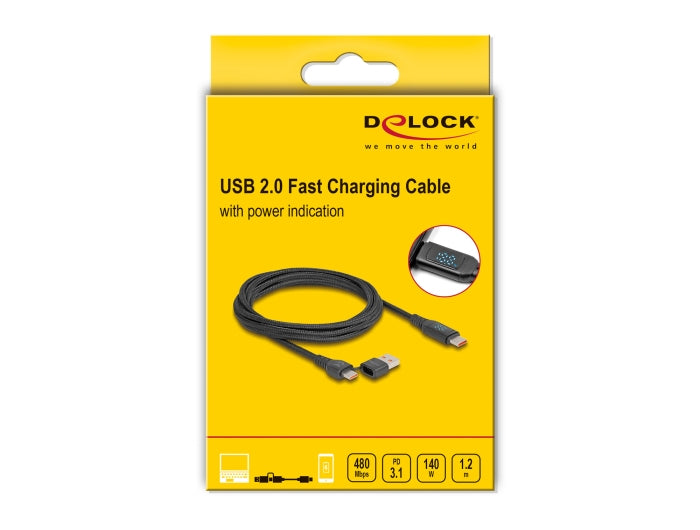 DeLOCK USB-C auf USB-C Kabel – USB 2.0 (480 Mbit/s) – 1,2 m – PD 140 W – Textilmantel, Leistungsanzeige – Sc