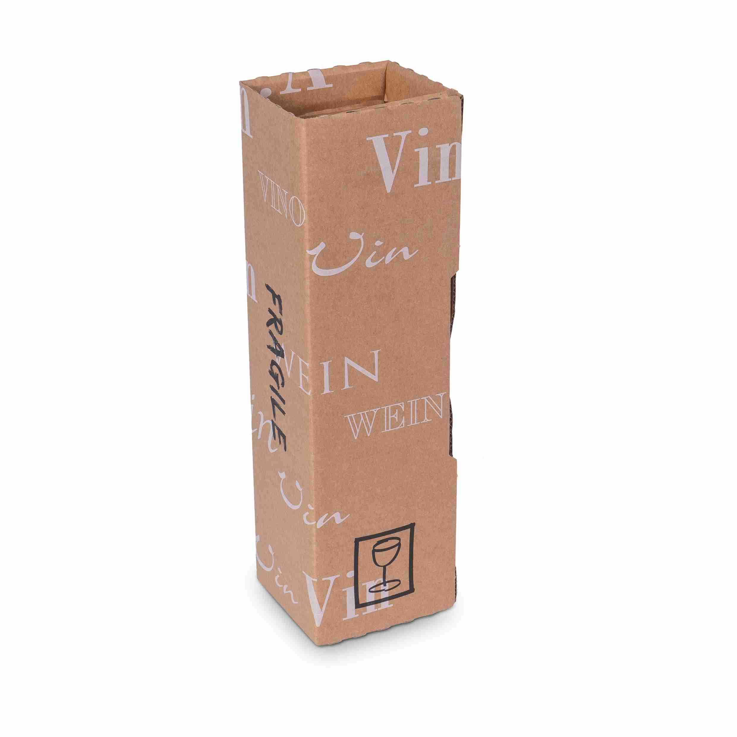 Model Weinversandkarton – für 1 × 0,75 l, max. 330 mm & Ø90 mm – 99 × 99 × 323 mm, braun, selbstklebend – 1 Stk., ab 800 Stk.
