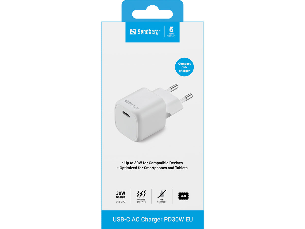 Sandberg 441-80 USB-Ladegerät 30 W – USB-C×1 – PD, PPS, QC 3.0, GaN – Weiss