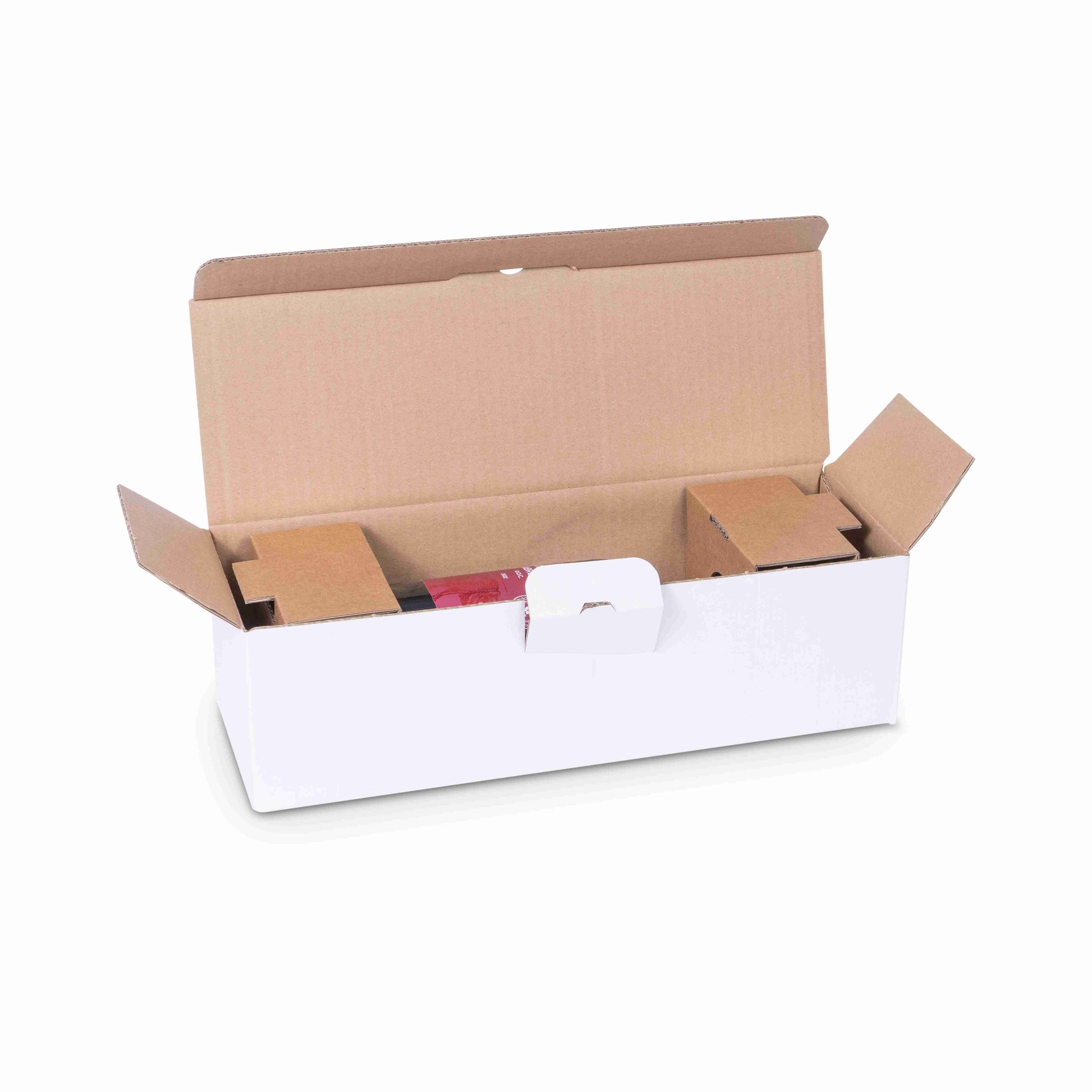Model Versandkarton – für 0,75 l Flasche (max. H 324 mm, Ø 85 mm), 373 × 130 × 103 mm, 2-wellig, weiss – 1 Palette