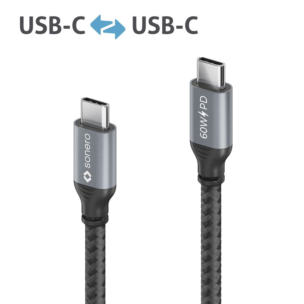 Sonero – USB-C auf USB-C Kabel – USB 2.0 (480 Mbit/s) – 3 m – PD 60 W – Textilmantel – Schwarz/Grau