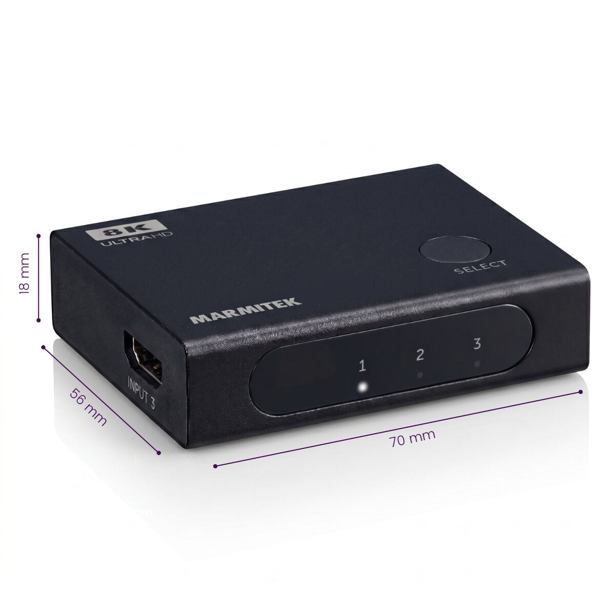 Marmitek Connect 730 – HDMI Switch, 3× HDMI In / 1× HDMI Out, 8K@60 Hz, HDMI 2.1, HDR, HDCP 2.3, Schwarz