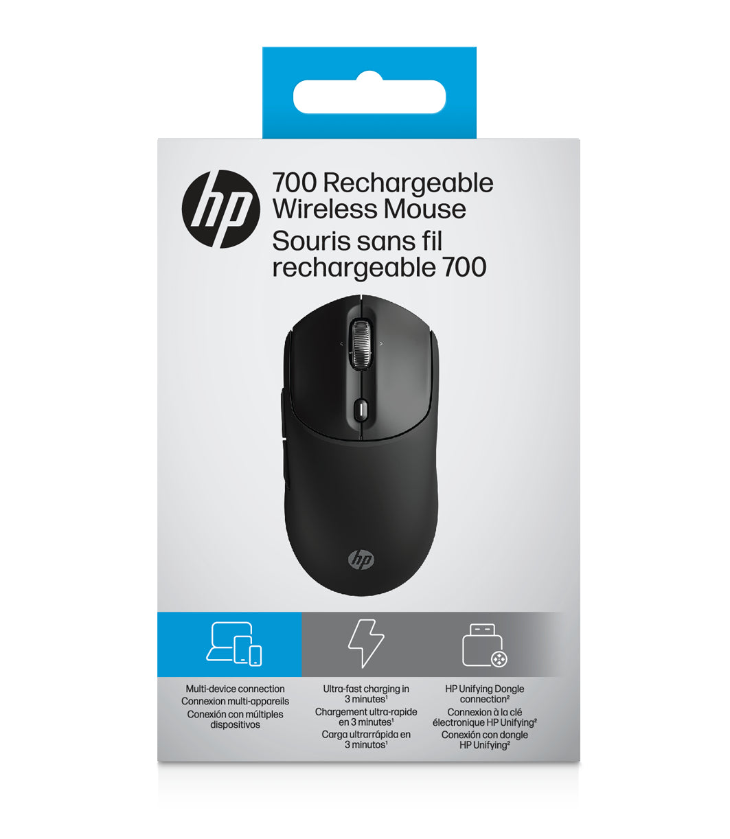 HP 700 Wiederaufladbare Wireless-Maus – Kabellos (Bluetooth/2,4 GHz), 6000 DPI, Beidhändig, Schwarz