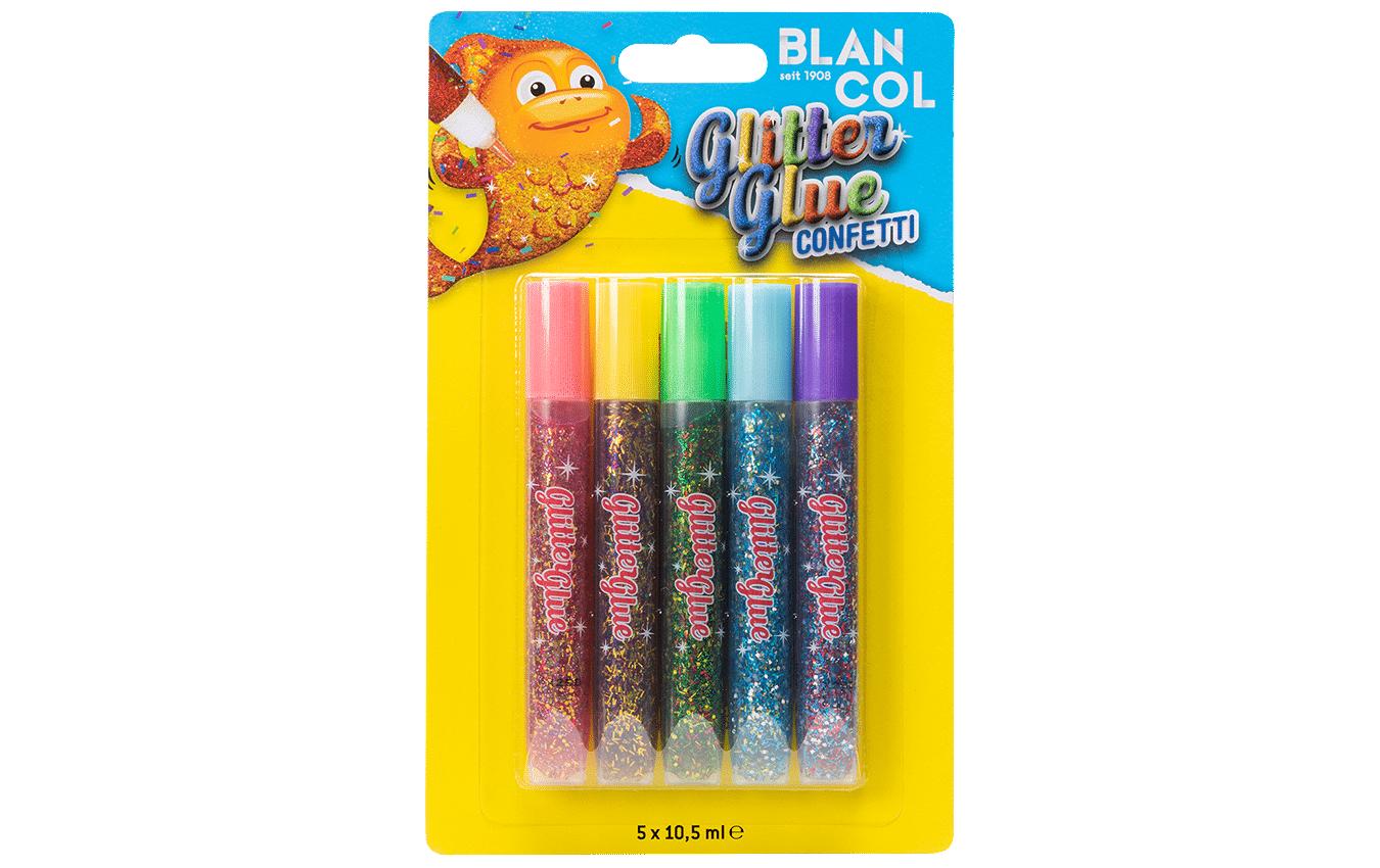 BLANCOL Glitzerkleber Confetti – sortiert, 5 × 10,5 ml, für Karton, Papier