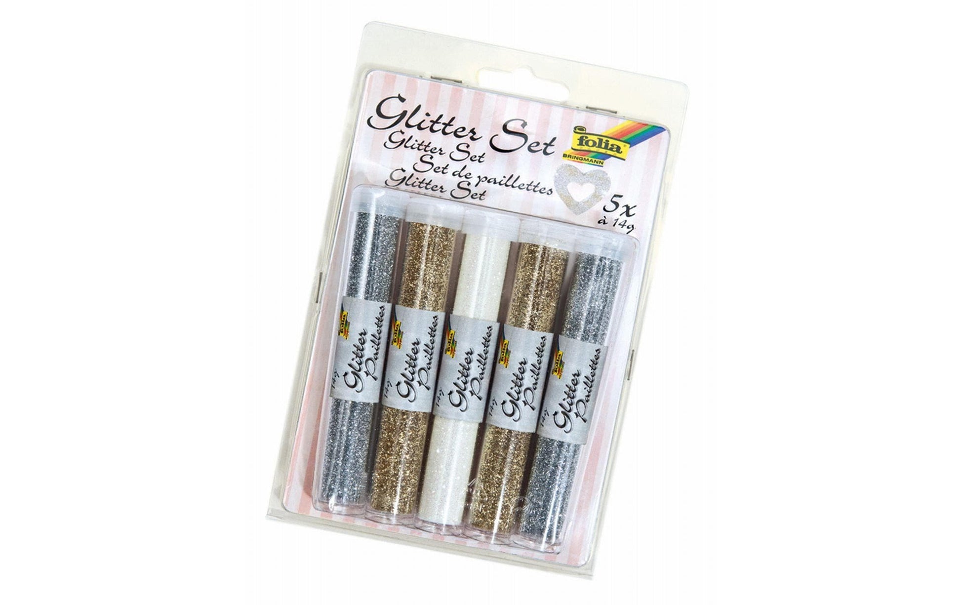 Folia Glitzer-Set, irisierend, Set mit 5 Tuben à 14 g, gold, silber, weiss