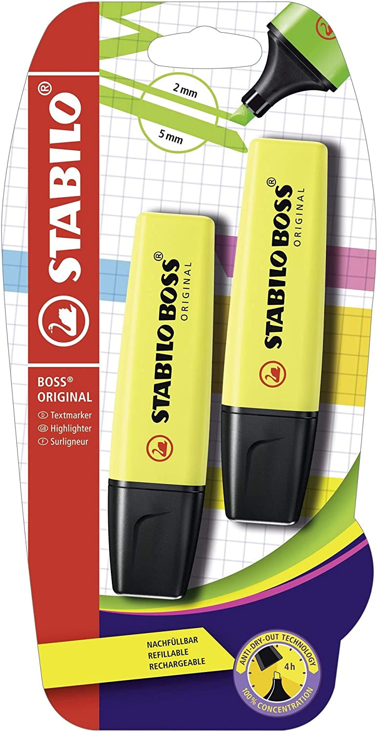 STABILO BOSS Original Textmarker – 2er Set, Farben: Gelb, Keilspitze 2–5 mm, nachfüllbar