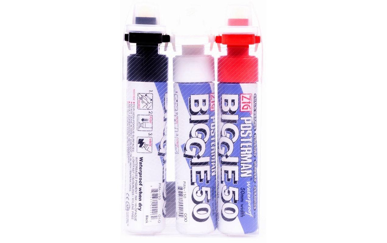 ZIG Posterman Biggie 50 Permanentmarker – Breitspitze 50 mm – Schwarz/Rot/Weiss – 3er-Set – für Glas und Metall