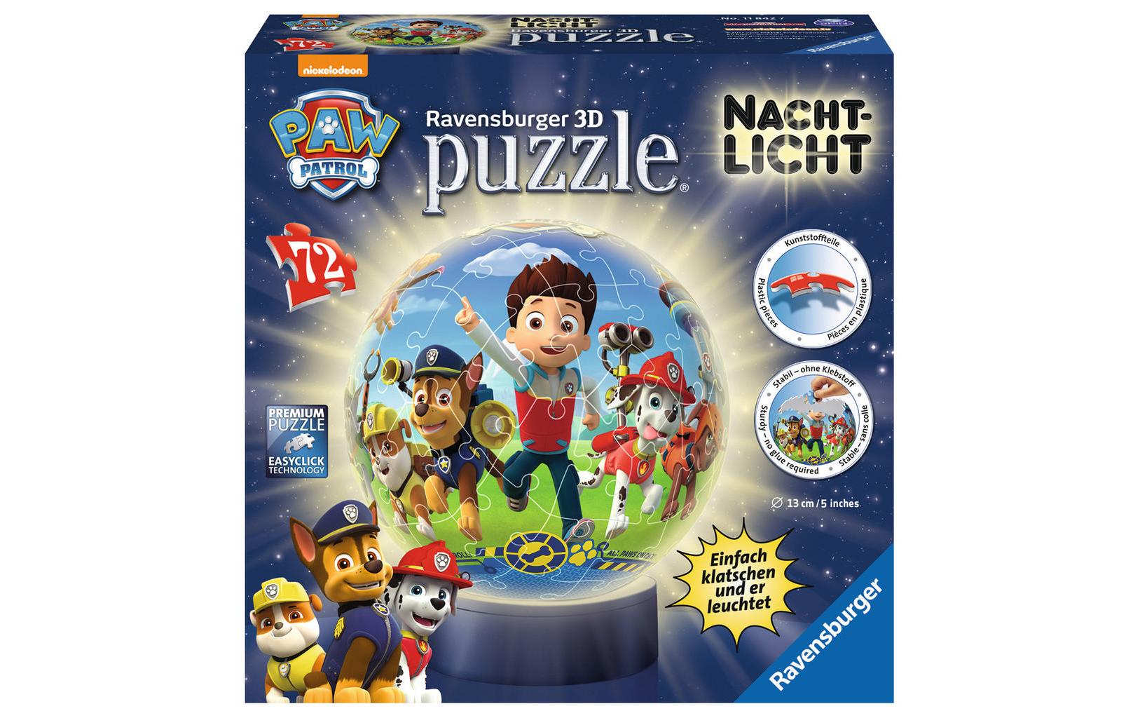 Ravensburger 3D-Puzzle Paw Patrol – 72 Teile – LED-Nachtlicht, 3D-Effekt – Ø 13 cm – ab 6 Jahren