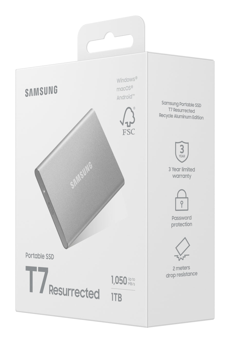 Samsung T7 – 1 TB PSSD, USB 3.2 Gen 2 (10 Gbit/s), 1050 MB/s lesen, 1000 MB/s schreiben, Aluminium, Silber