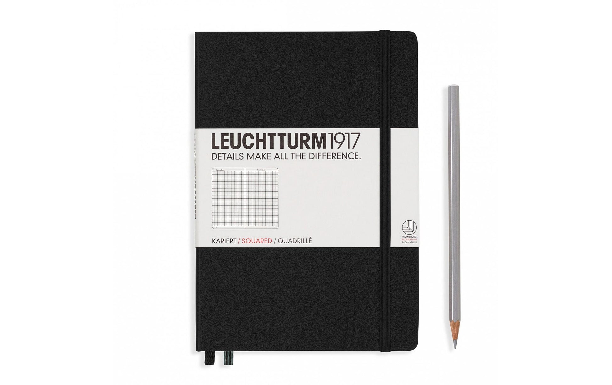Leuchtturm Notizbuch – A5 – kariert 5 mm – 249 Seiten – 80 g/m² – Hardcover, Gummiband, 2 Lesezeichen, schwarz