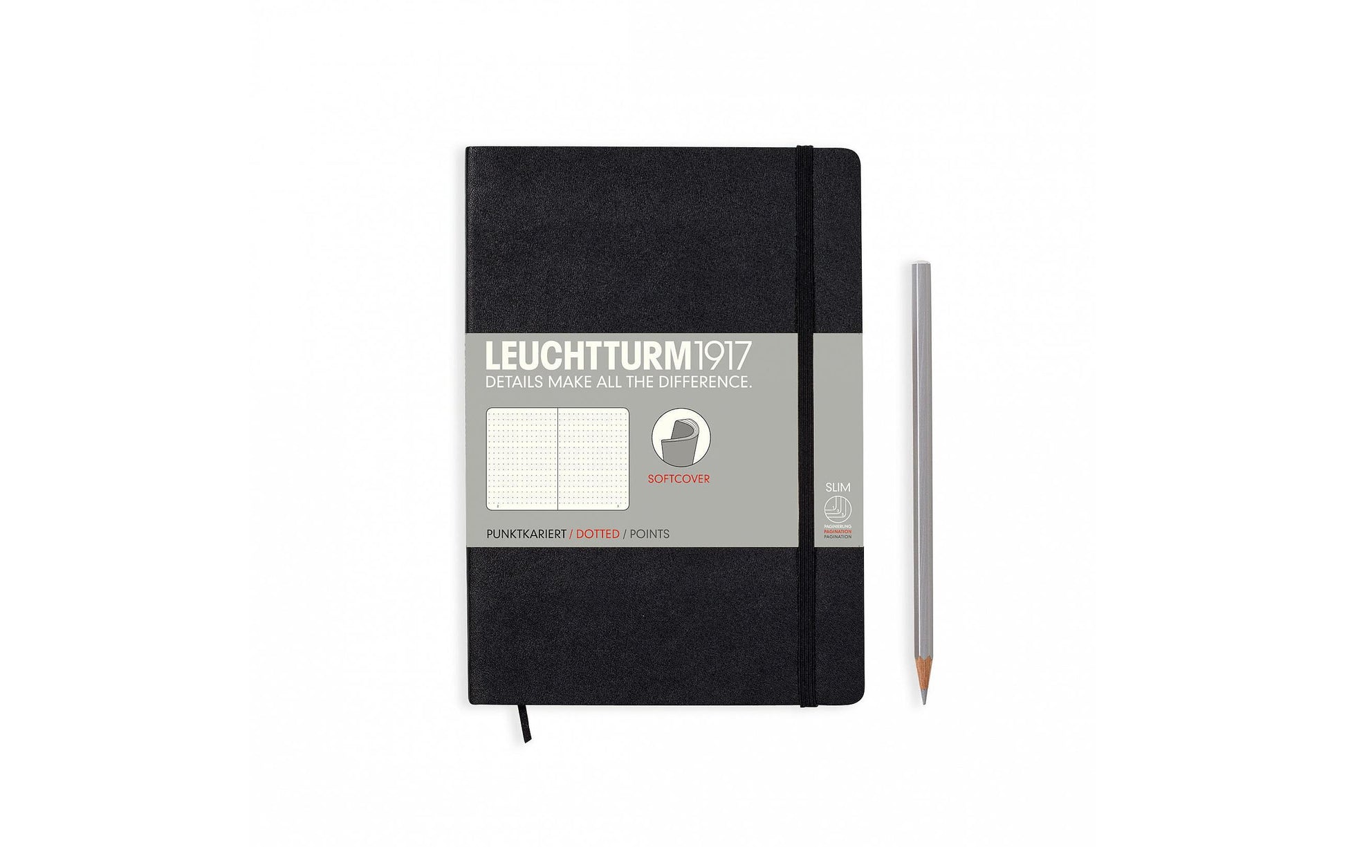 Leuchtturm Notizbuch – A5 – 121 Seiten – 80 g/m² – Softcover, Gummiband, Einstecktasche, schwarz