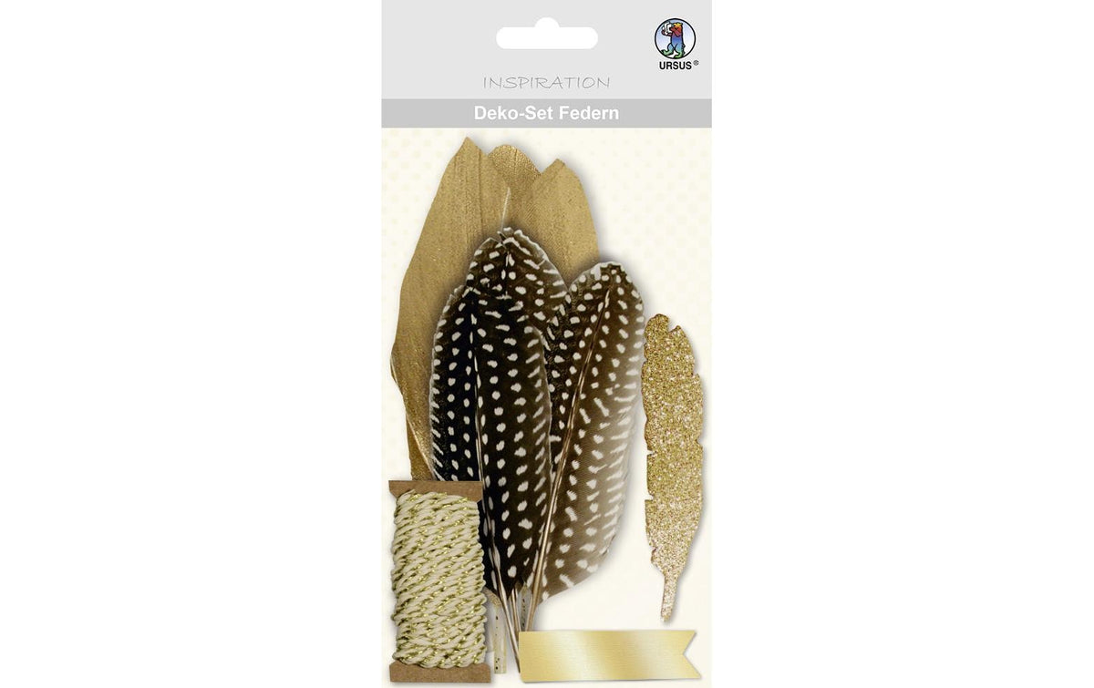 URSUS Deko-Set Federn – 6 Federn, 5 Papierfedern, 5 m Garn – 11 Stück – Braun/Gold
