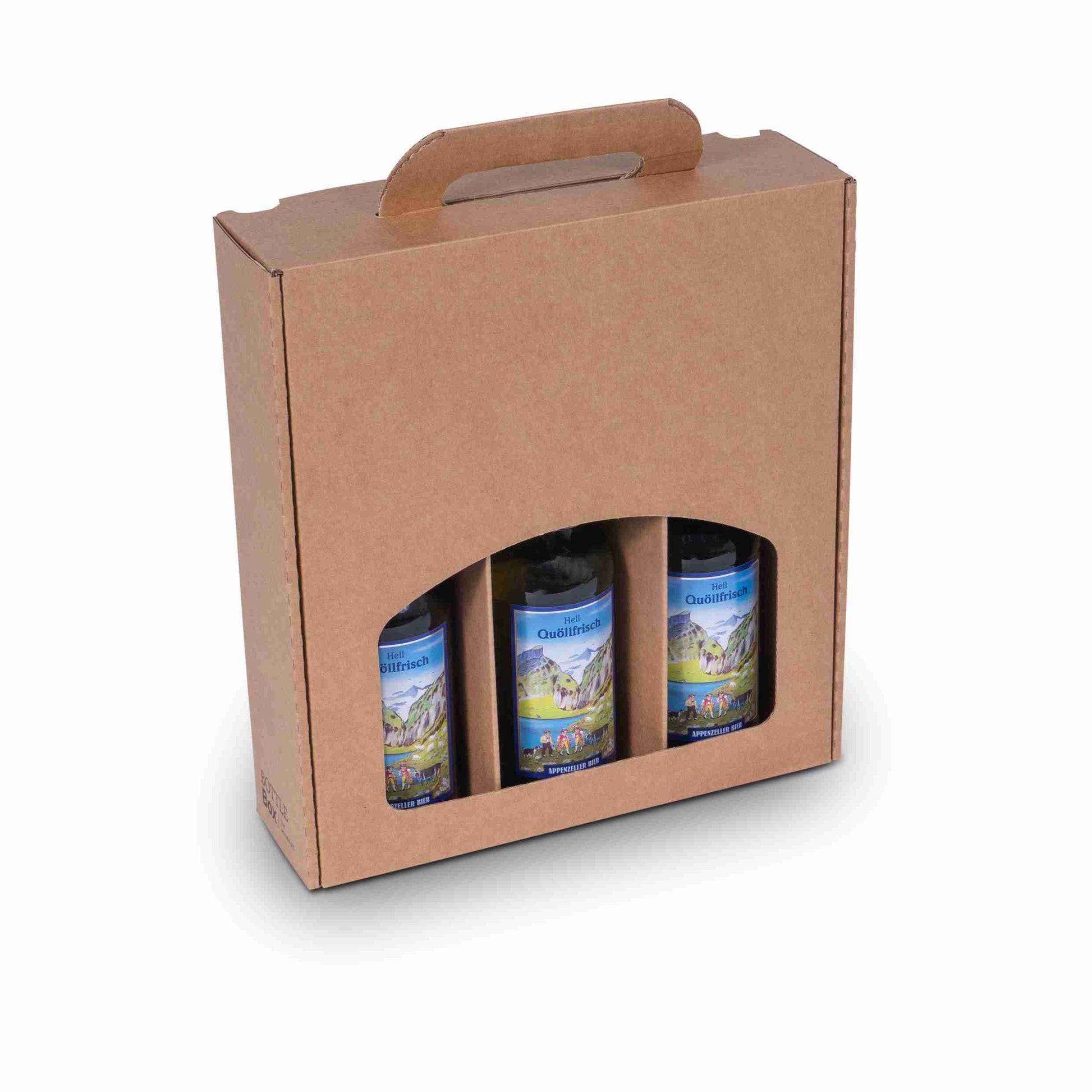 Präsentkarton – Wellpappe – 278 × 73 × 245 mm – Sichtfenster & Tragegriff – für 3 × 0,5 l / 4 × 0,3 l – 1 Palette (2'200 Stk.)