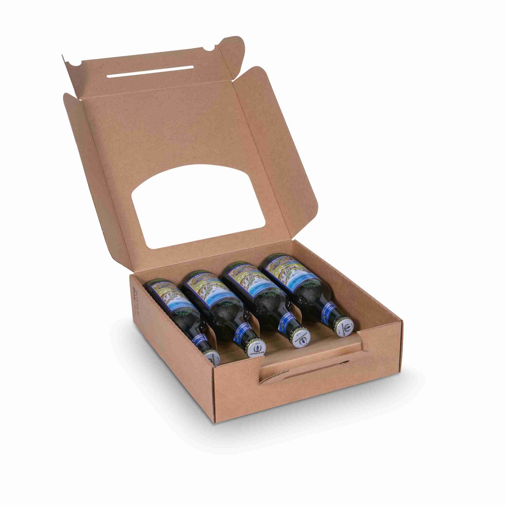 Präsentkarton Wellpappe braun – Innenmass 278 × 73 × 245 mm – für 3 × 0,5 l oder 4 × 0,33 l Flaschen – 1 Stk., ab 50 Stk.