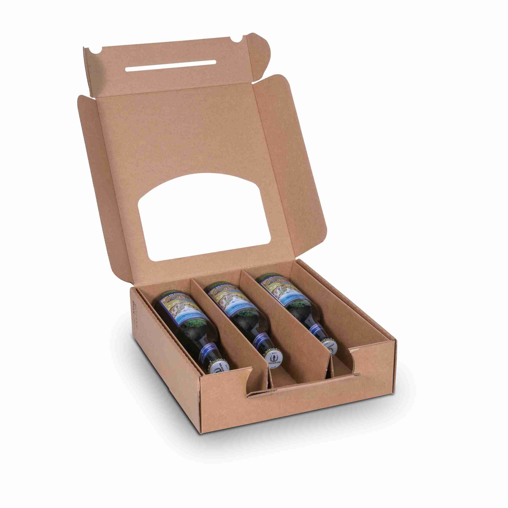 Model Weinpräsentkarton Wellpappe – Innenmass 245 × 73 × 278 mm – für 3×0,5 l oder 4×0,33 l Flaschen – 1 Stk., ab 100 Stk.