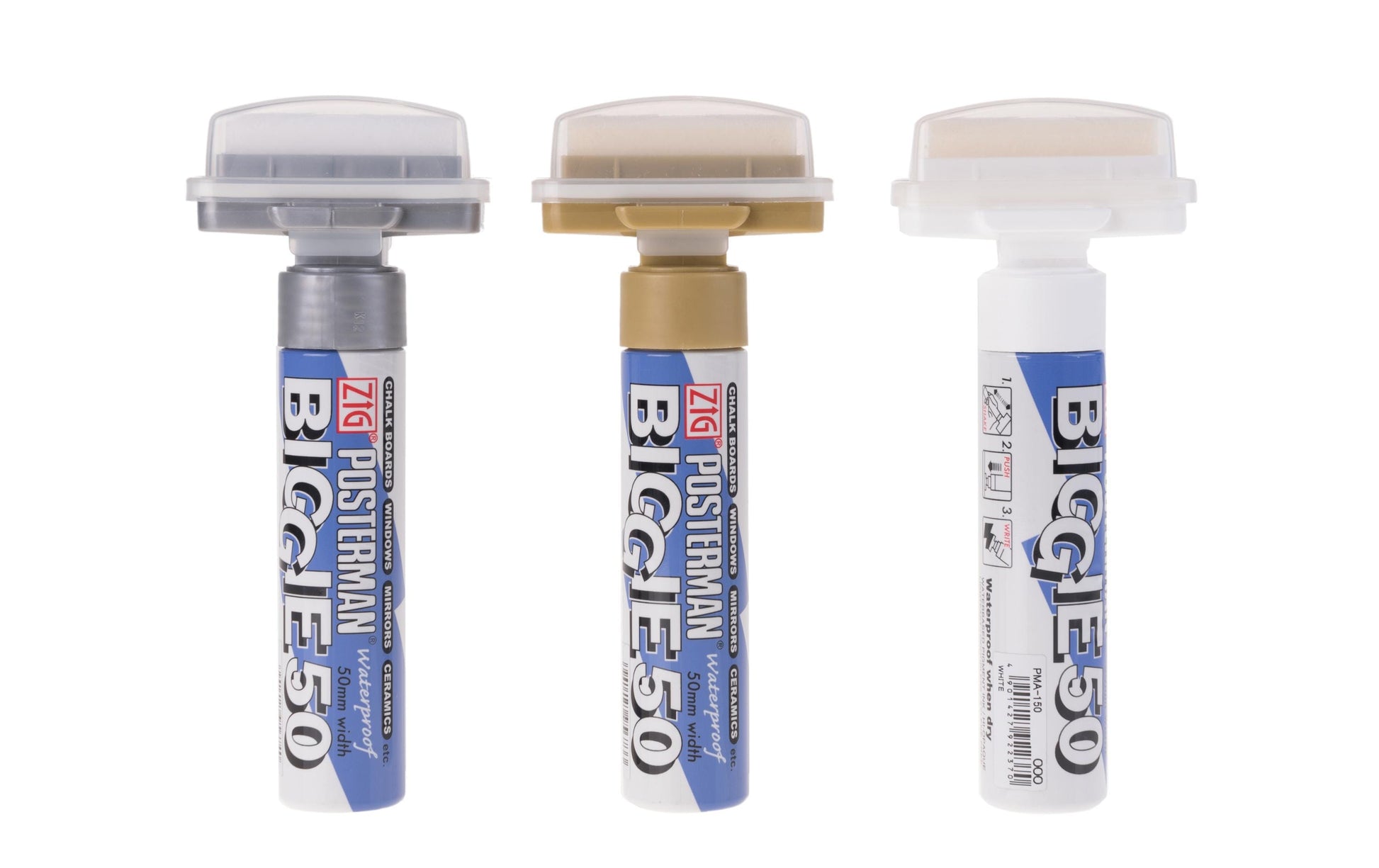 ZIG Posterman Biggie 50 Kreidemarker – Rund 50 mm – 3er-Set, Gold/Silber/Weiss
