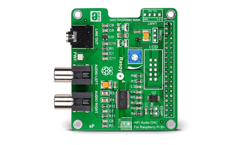 Raspberry pi Microelektronika RaspyPlay4 – Soundkarte – für Raspberry Pi 2, 3B, 3B+ – GPIO, Cinch-Ausgang, Stereo – 5 V