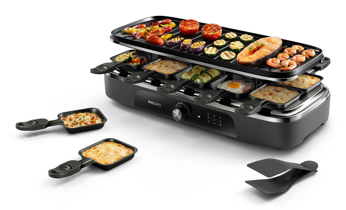 Philips Raclette HD6421/81 – 10 Personen, 1500 W, Aluminium-Grillplatte, 10 Pfännchen – schwarz