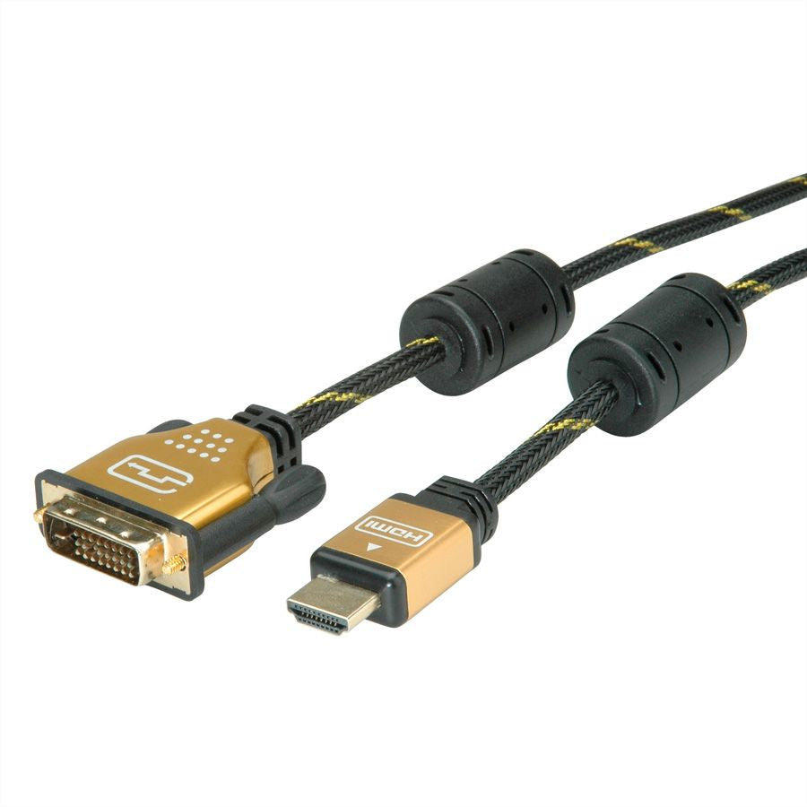ROLINE DVI-D auf HDMI Kabel 4K 30 Hz – 7,5 m – geflochten – Schwarz/Gold – für Monitor, TV, Beamer