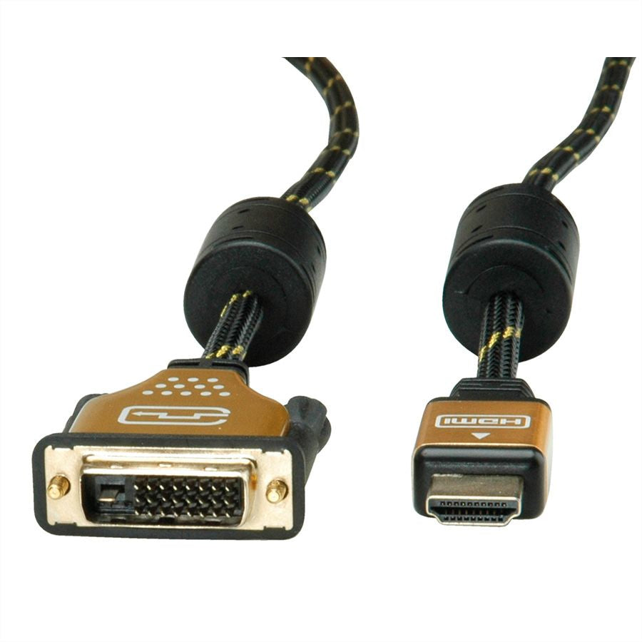 ROLINE DVI-D auf HDMI Kabel 4K 30 Hz – 5 m – Ethernet, geflochten – Schwarz/Gold – für Monitor, TV, Beamer