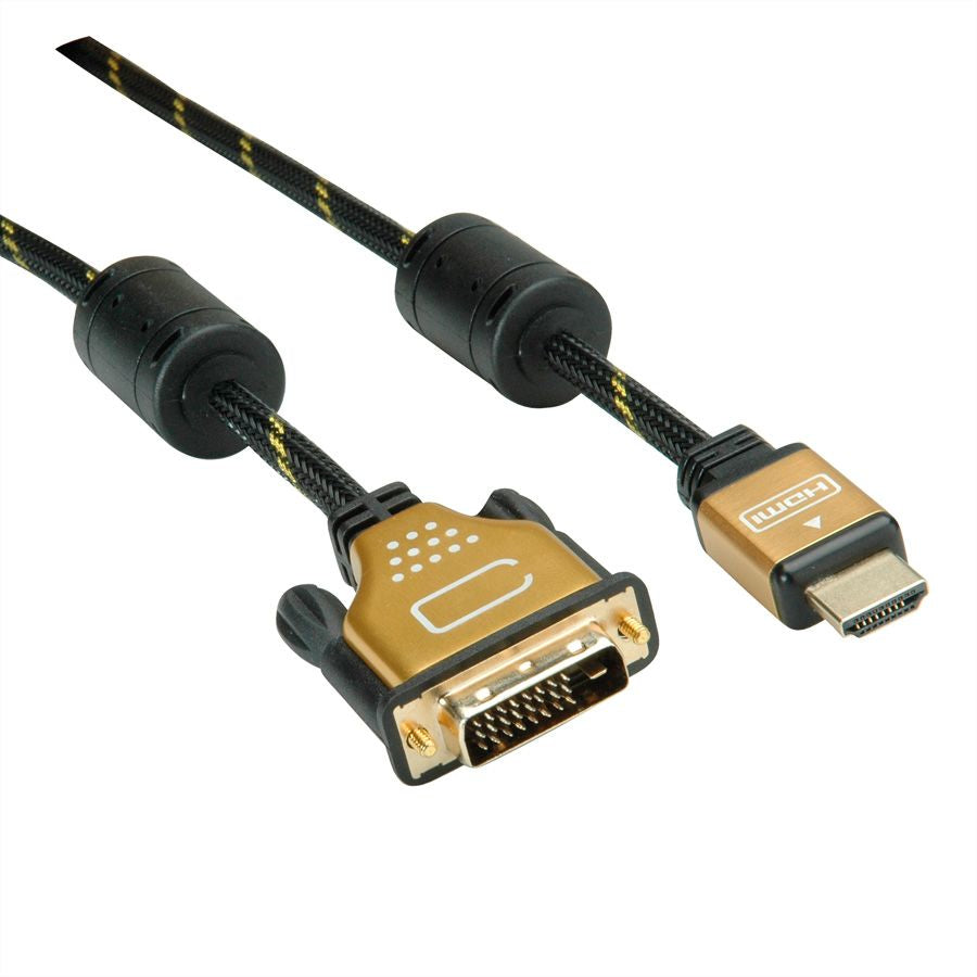 ROLINE DVI-D auf HDMI Kabel 4K 30 Hz – 10 m – geflochten – Schwarz/Gold – für Monitor, TV, Beamer