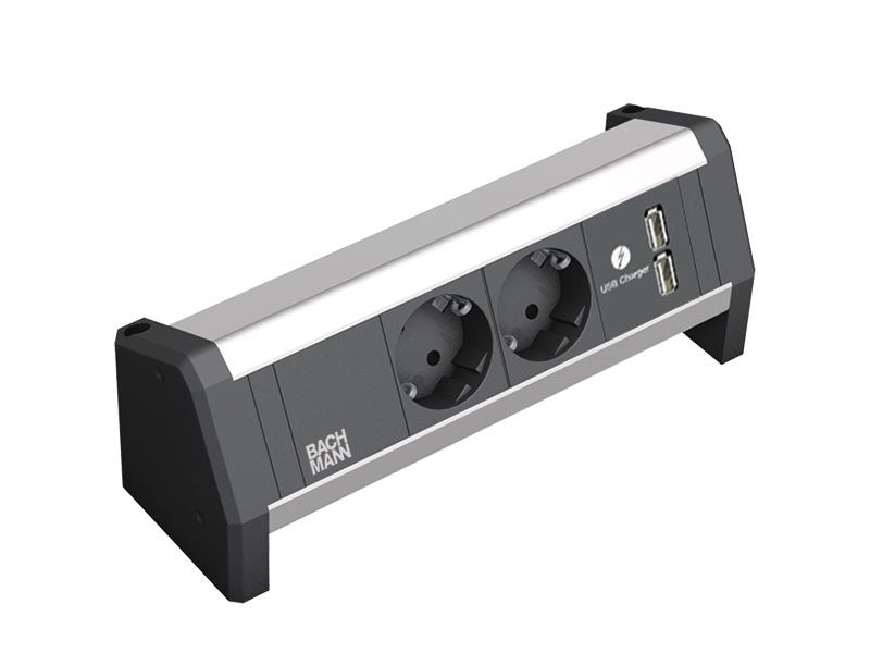 Bachmann DESK 1 – Tischsteckdosenleiste, 2× Schuko (Typ F), 1× USB, ohne Schalter, Stecker GST18