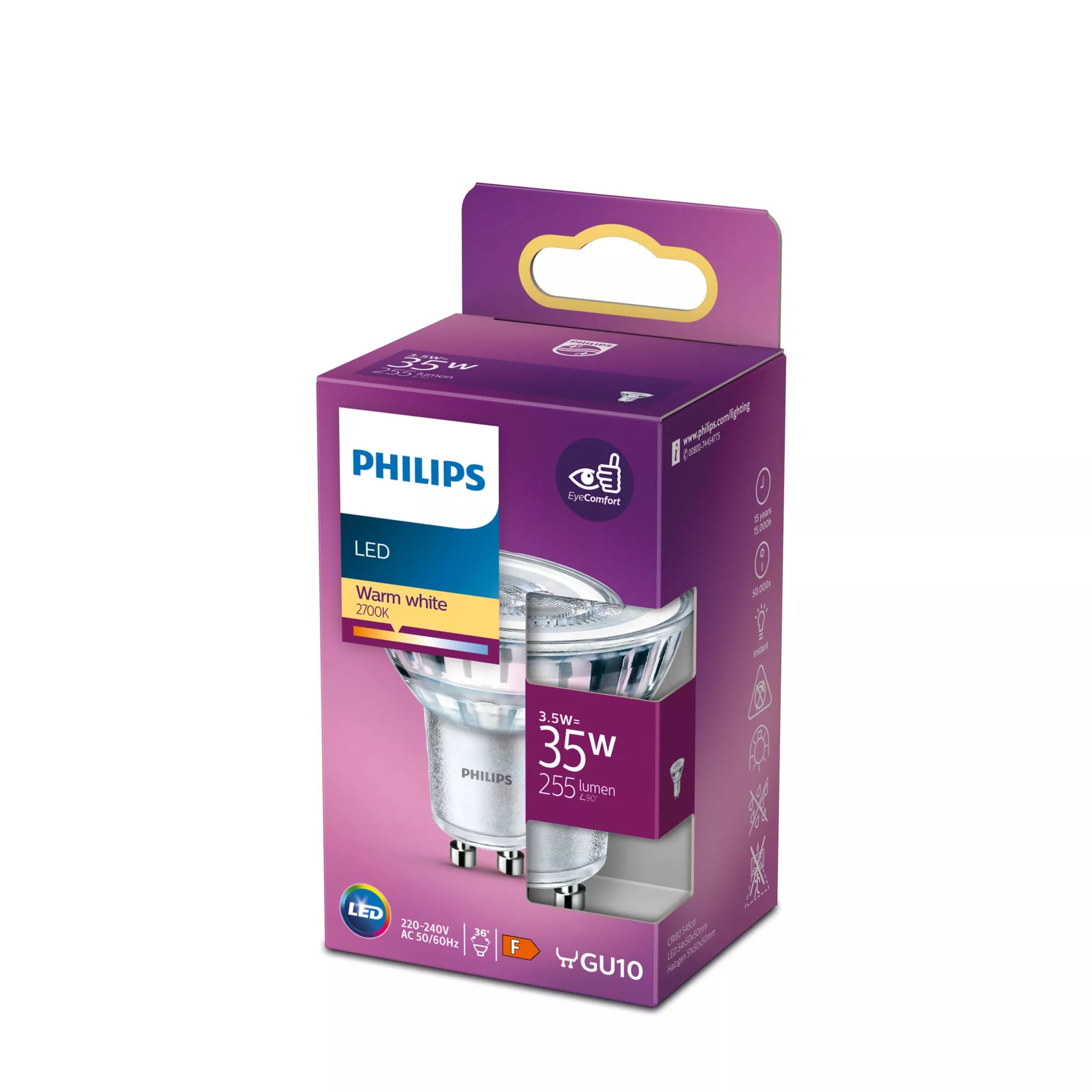 Philips by Signify Philips LED-Reflektor MR16 GU10 – Warmweiss 2700 K, 255 lm, 3,5 W, 36° – 1 Stk. – Silber, klar
