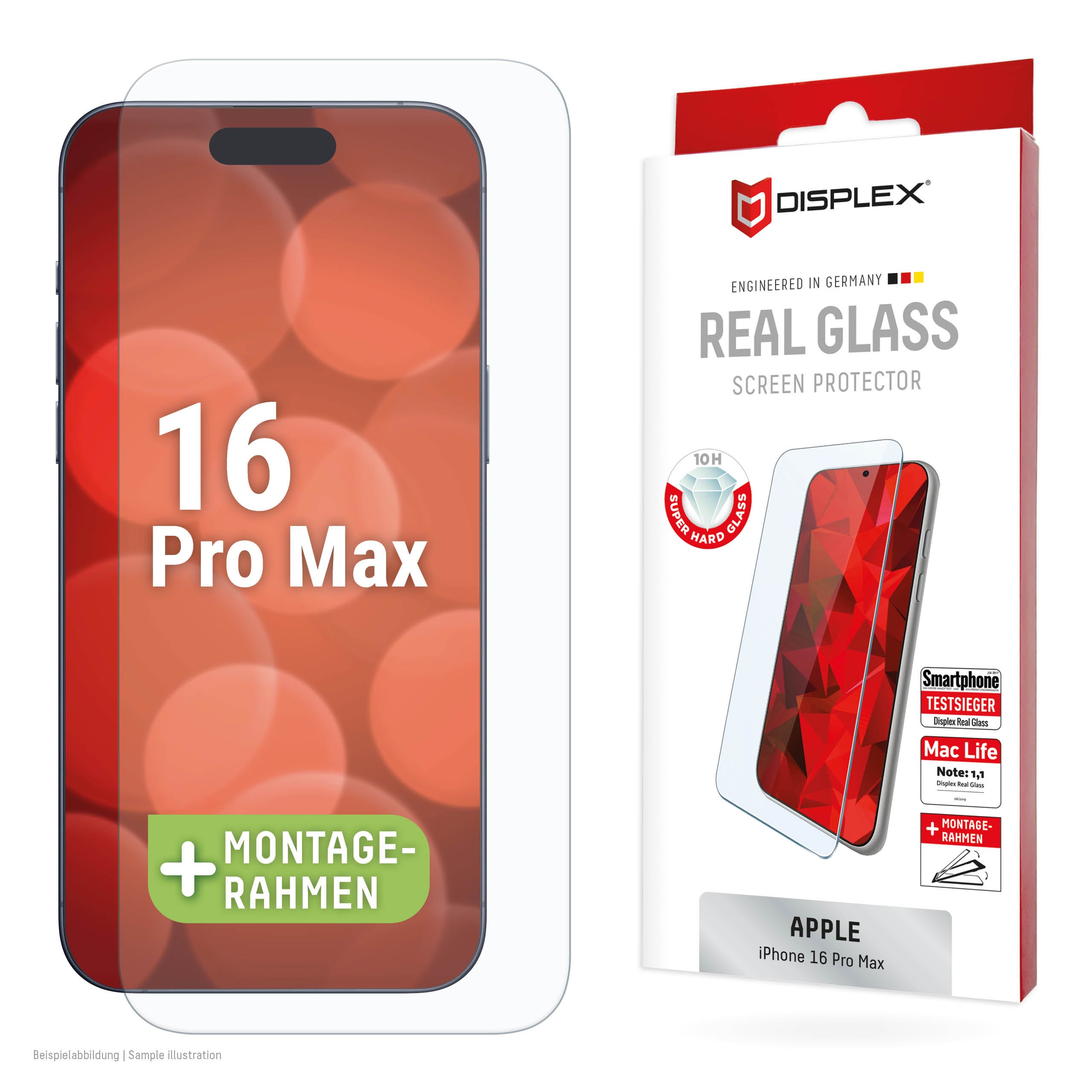 Displex Displayschutz (Panzerglas), 10H – für iPhone 16 Pro Max – mit Applikator