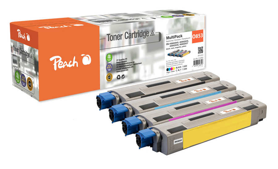 Peach Toner-Multipack – BK/C/M/Y, schwarz 7000, C/M/Y 7300 Seiten – für OKI MC 853/MC 870/MC 873 u. a.