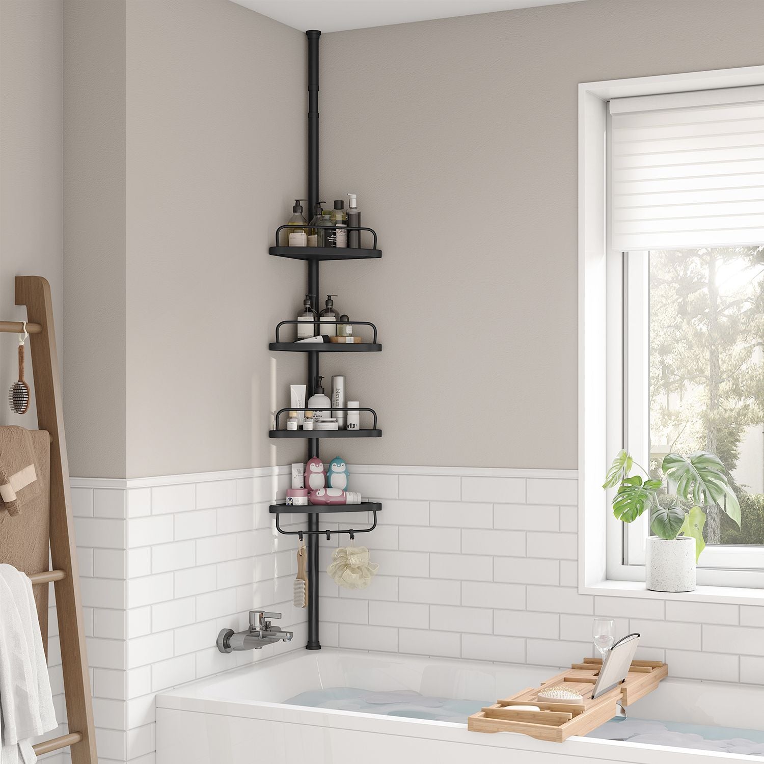 Songmics Duschregal – 85–305 cm, 4 Ablagen, Stahl/Kunststoff, 2 kg pro Ablage, Klemmen, Schwarz
