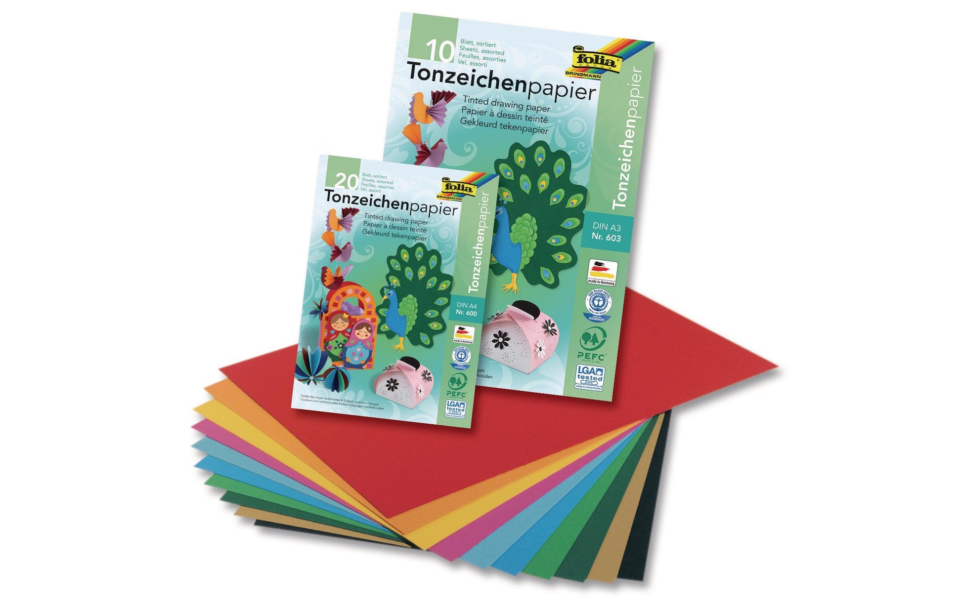 Folia Zeichenpapier A3, 130 g/m², 10 Blatt, mehrfarbig, strukturiert, geleimt, säurefrei, PEFC