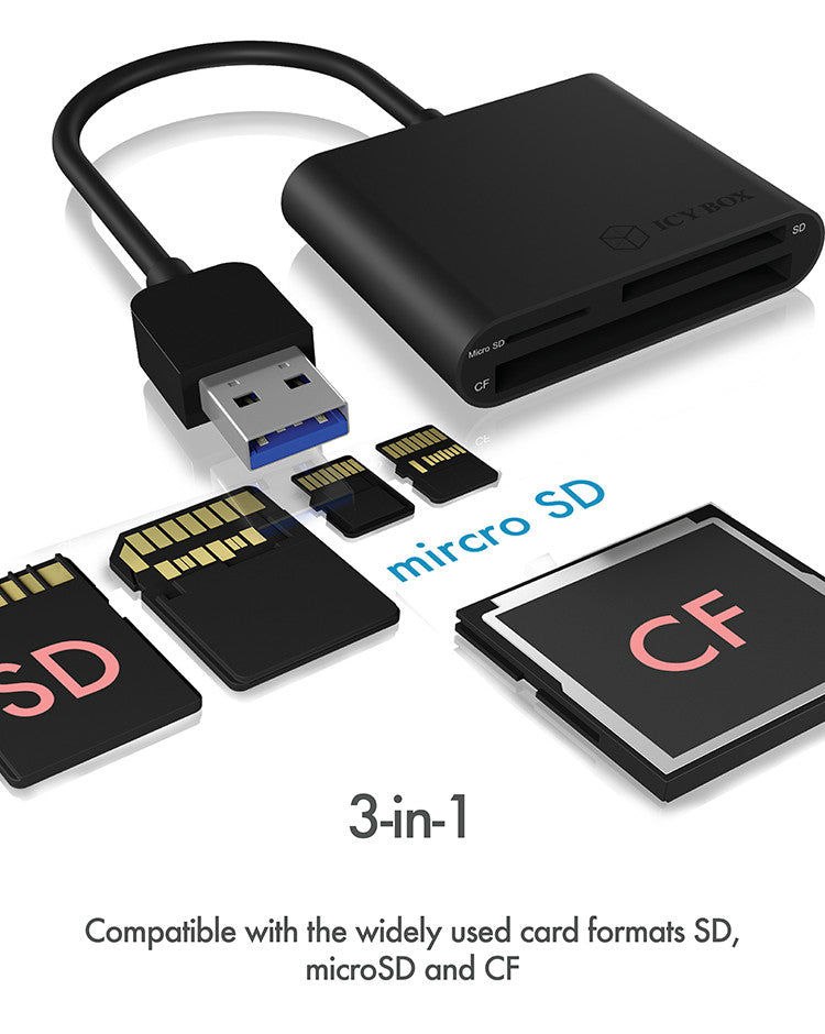 ICY BOX USB-Kartenleser USB 3.2 Gen 1 (5 Gbit/s) – CF, SD, microSD – Schwarz