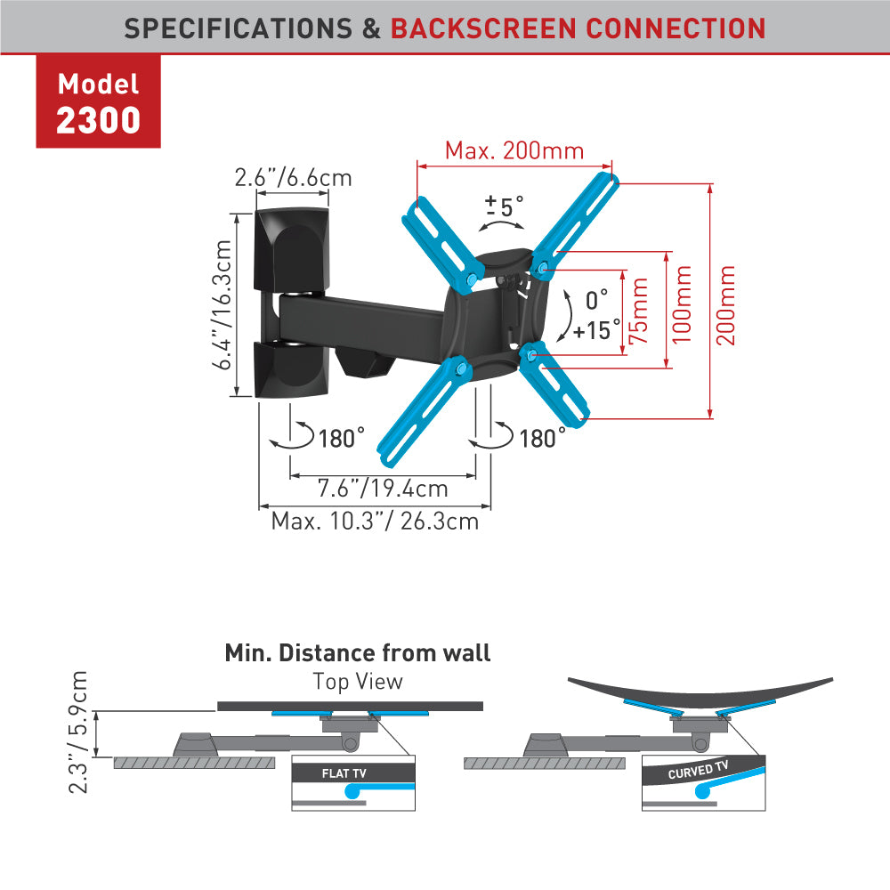 Barkan Wandhalterung WH 2300 19-39 – Tragkraft bis 25 kg, dreh-/neigbar (VESA 75×75–200×200 mm)