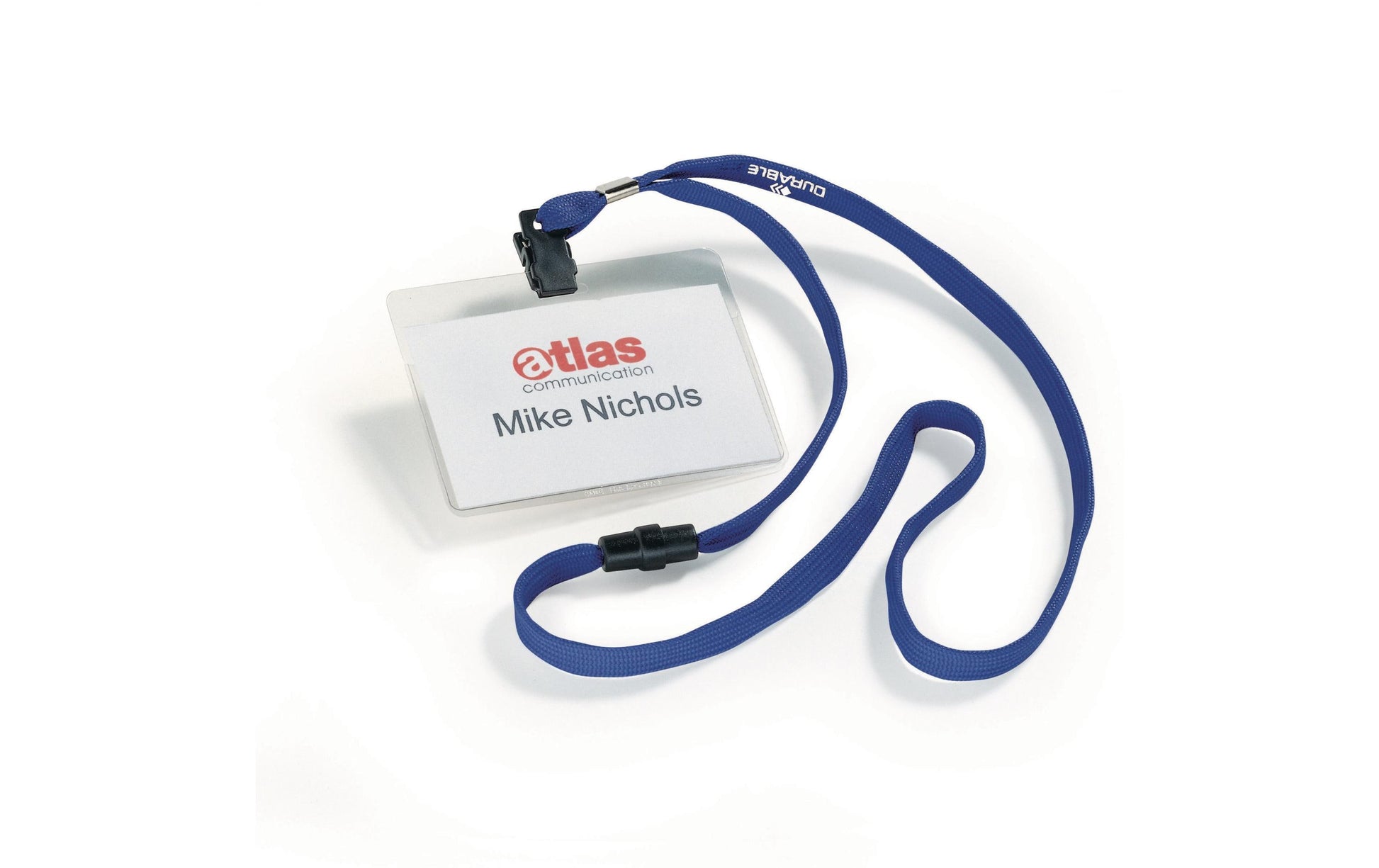 Durable Namensschild – 90×60 mm – Textilband, blau, transparent, quer – Pack à 10