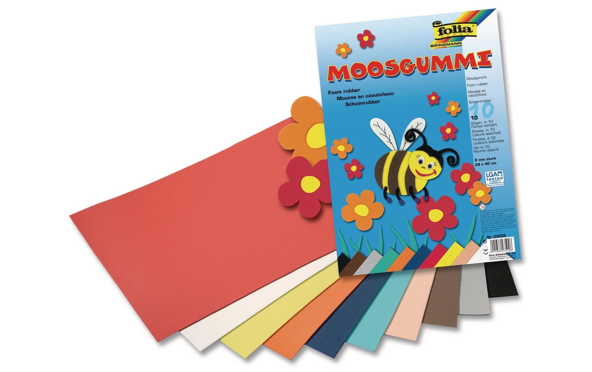 Folia Schaumstoffplatte, Moosgummi, Mehrfarbig, 29 × 40 cm, 2,0 mm, 10 Bogen, Art. 23509