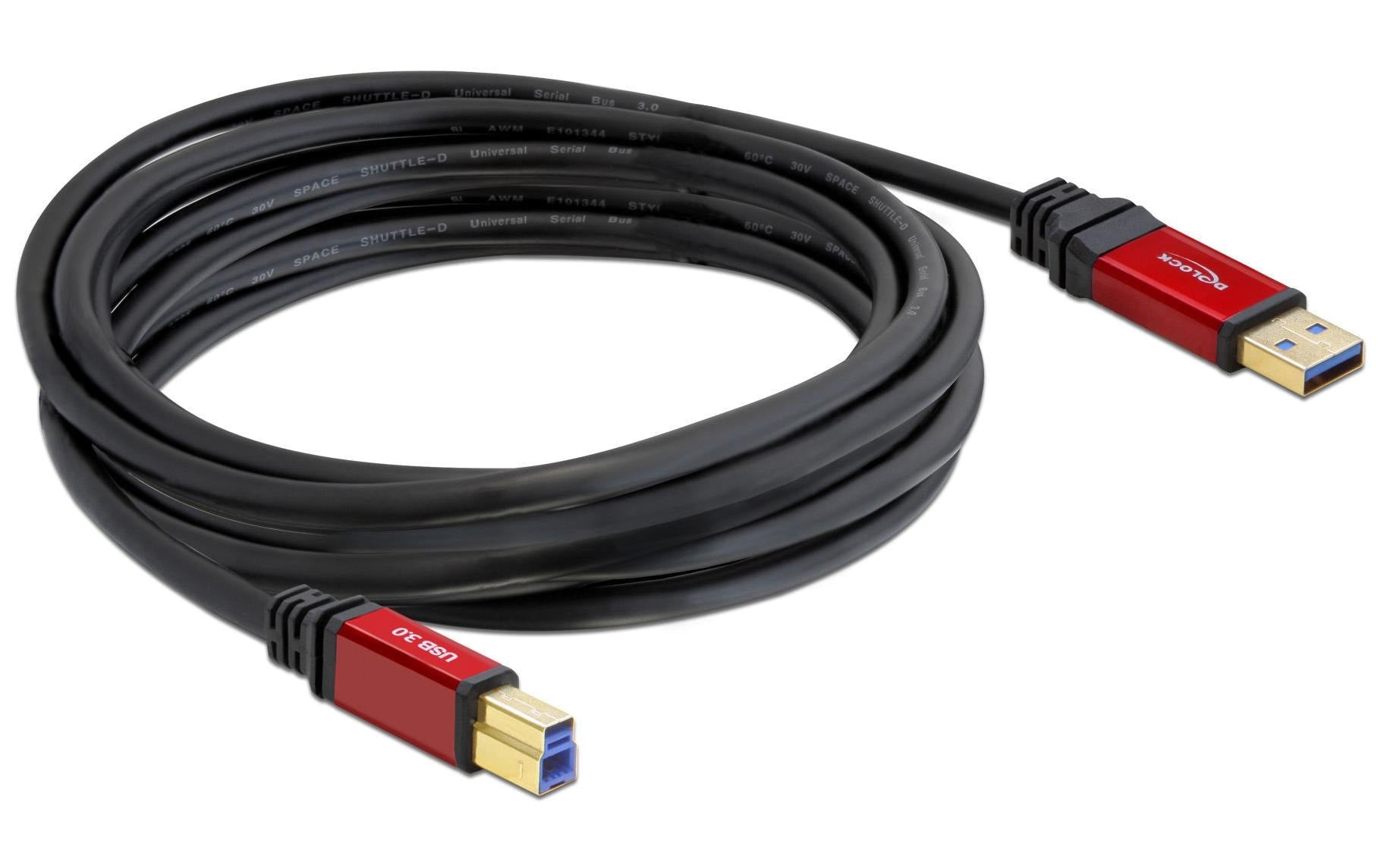DeLOCK USB-A auf USB-B Kabel – USB 3.2 Gen 1 (5 Gbit/s) – 5 m – Goldstecker – Schwarz
