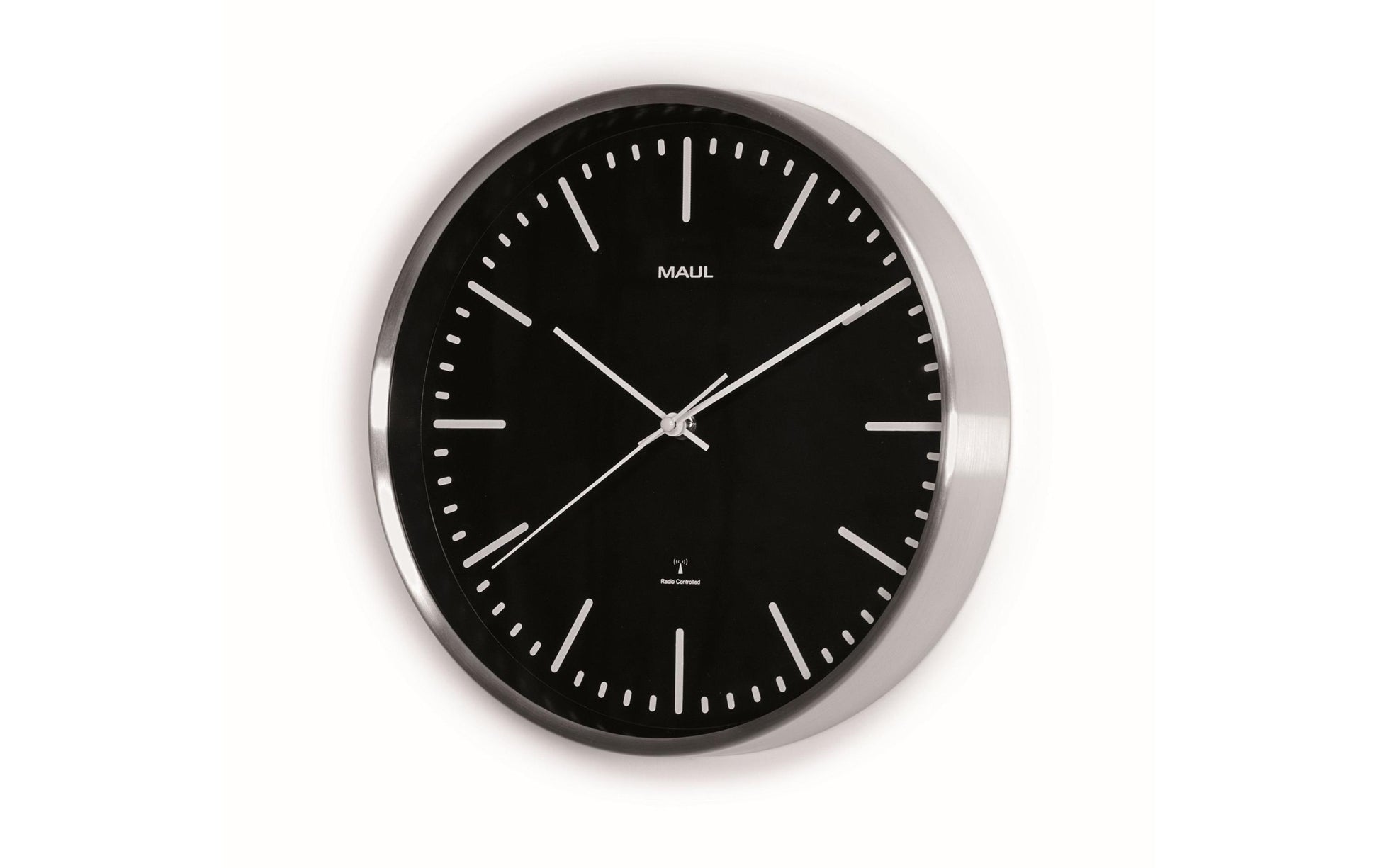 MAUL Wanduhr fly – Funk – Ø 30,5 cm, schwarz, Aluminium