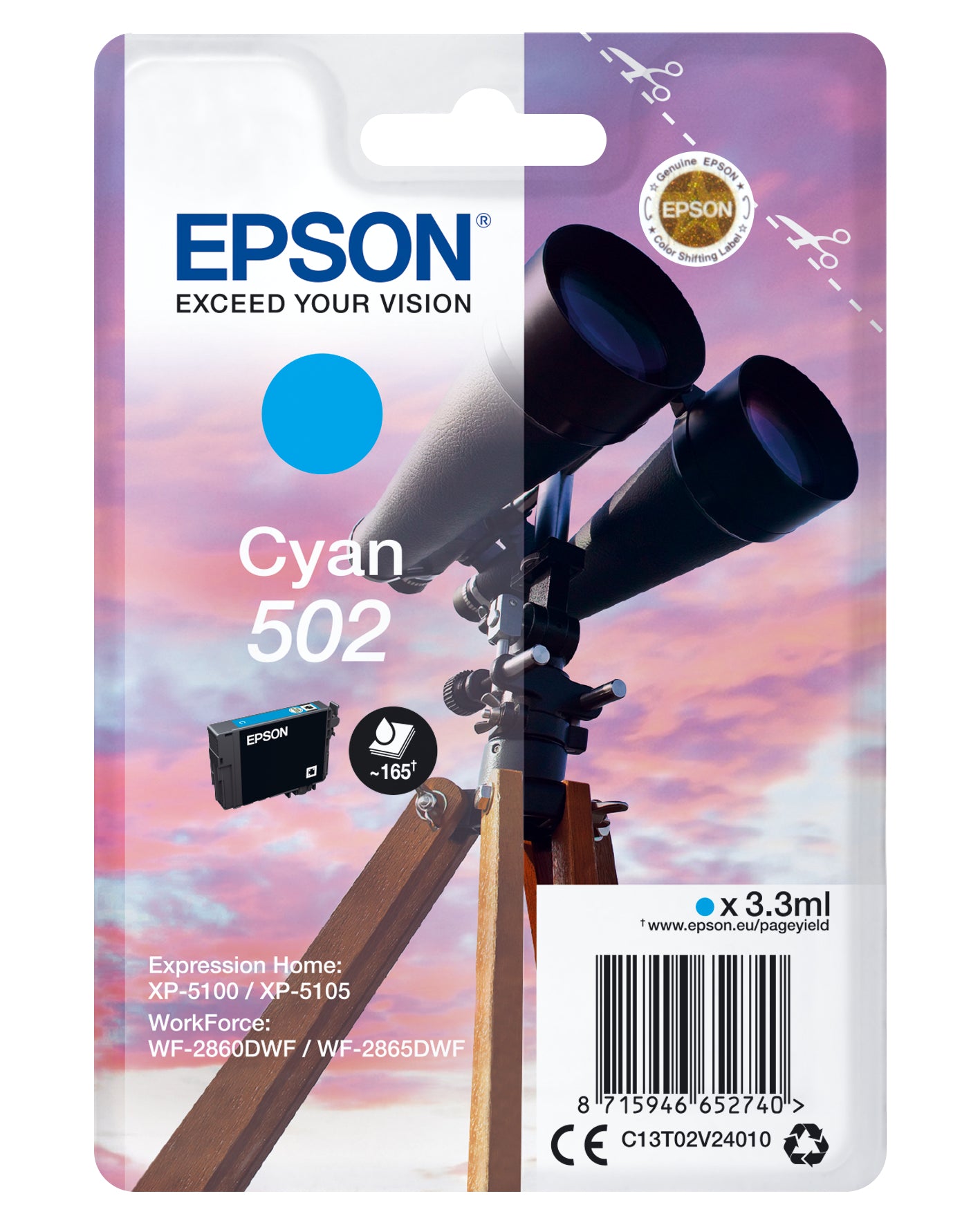 Epson 502 Cyan Tintenpatrone (Original) – 165 Seiten – für Epson 502 – C13T02V24020