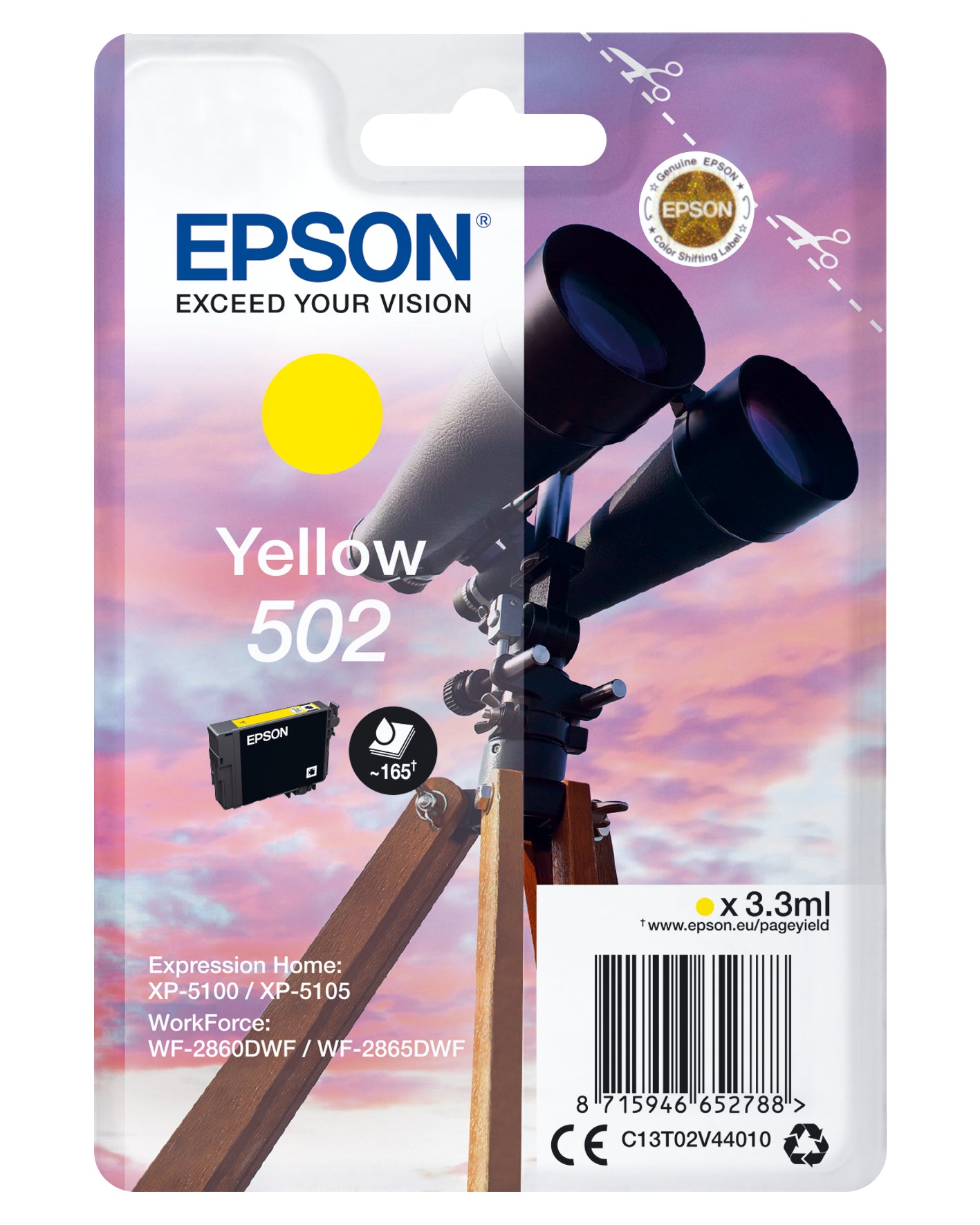 Epson 502 Gelb Tintenpatrone (Original) – 165 Seiten – für WorkForce WF-2860DWF/WF-2865DWF, XP-5100/XP-5105