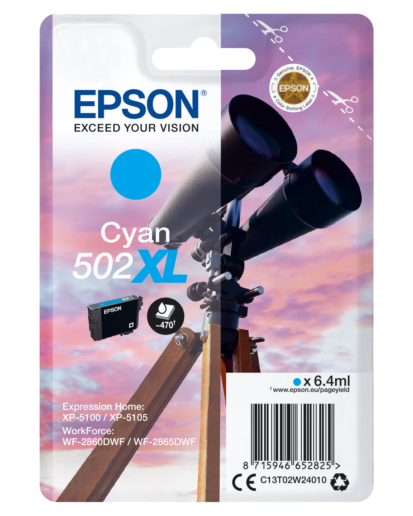 Epson 502XL Cyan Tintenpatrone (Original) – 470 Seiten – für WF-2860DWF/2865DWF, XP-5100/5105
