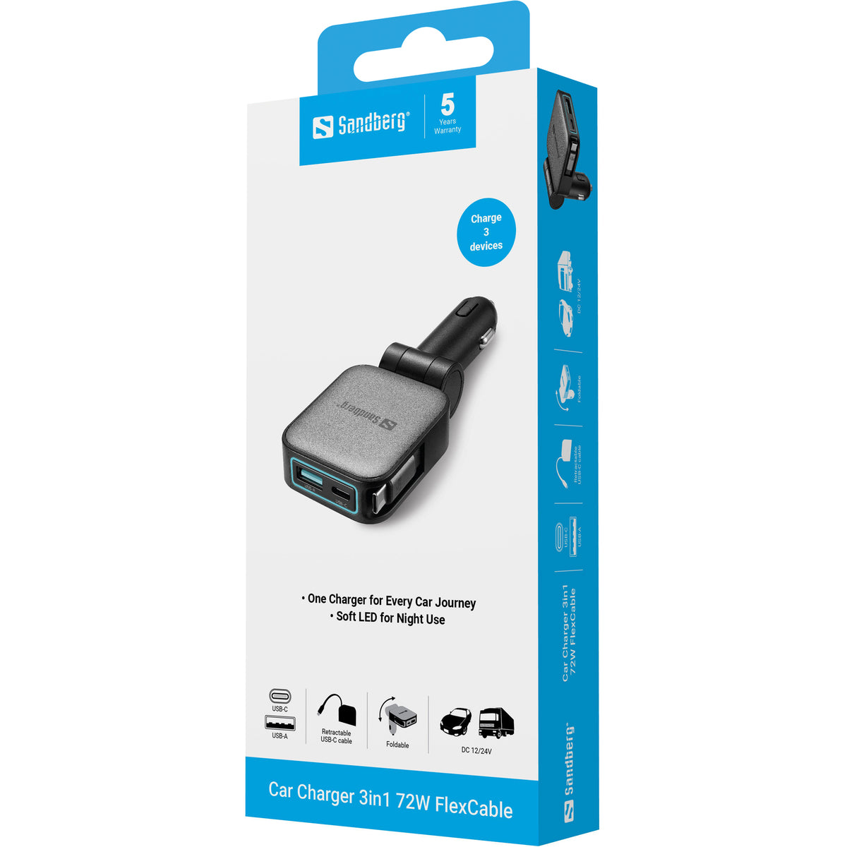 Sandberg 441-82 Auto-Ladegerät 72 W – USB-C×1, USB-A×1 – PPS – für Smartphone, Tablets u. a. – 12–24 V