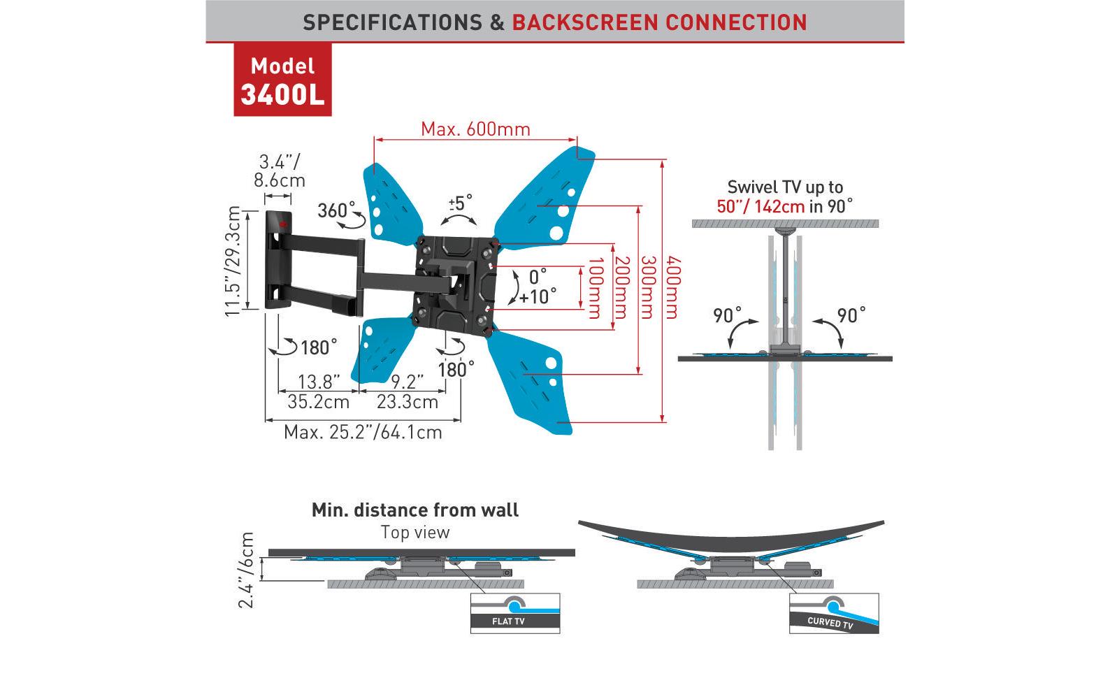 Barkan Mounting Systems Barkan WH 3400L – Wandhalterung, neigbar, für 40–70", VESA 200×100–600×400, bis 40 kg, schwarz