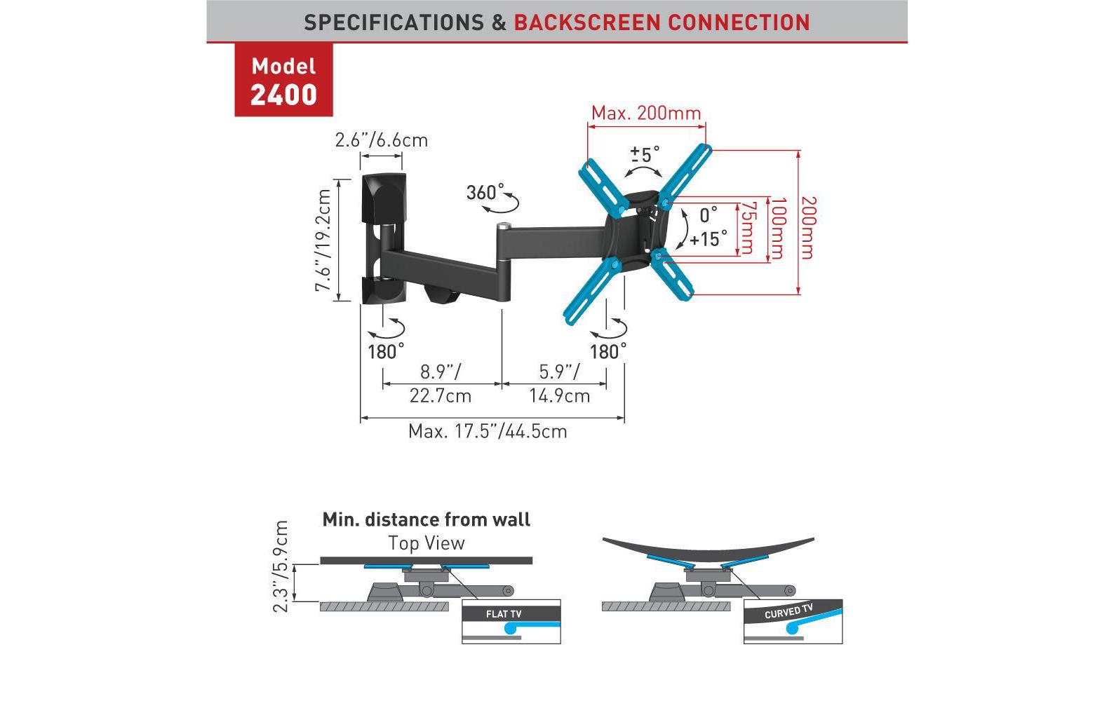 Barkan Mounting Systems Barkan WH 2400 – Wandhalterung, schwenkbar, neigbar, für 19–39", VESA 75×75–200×200, bis 30 kg, schwarz