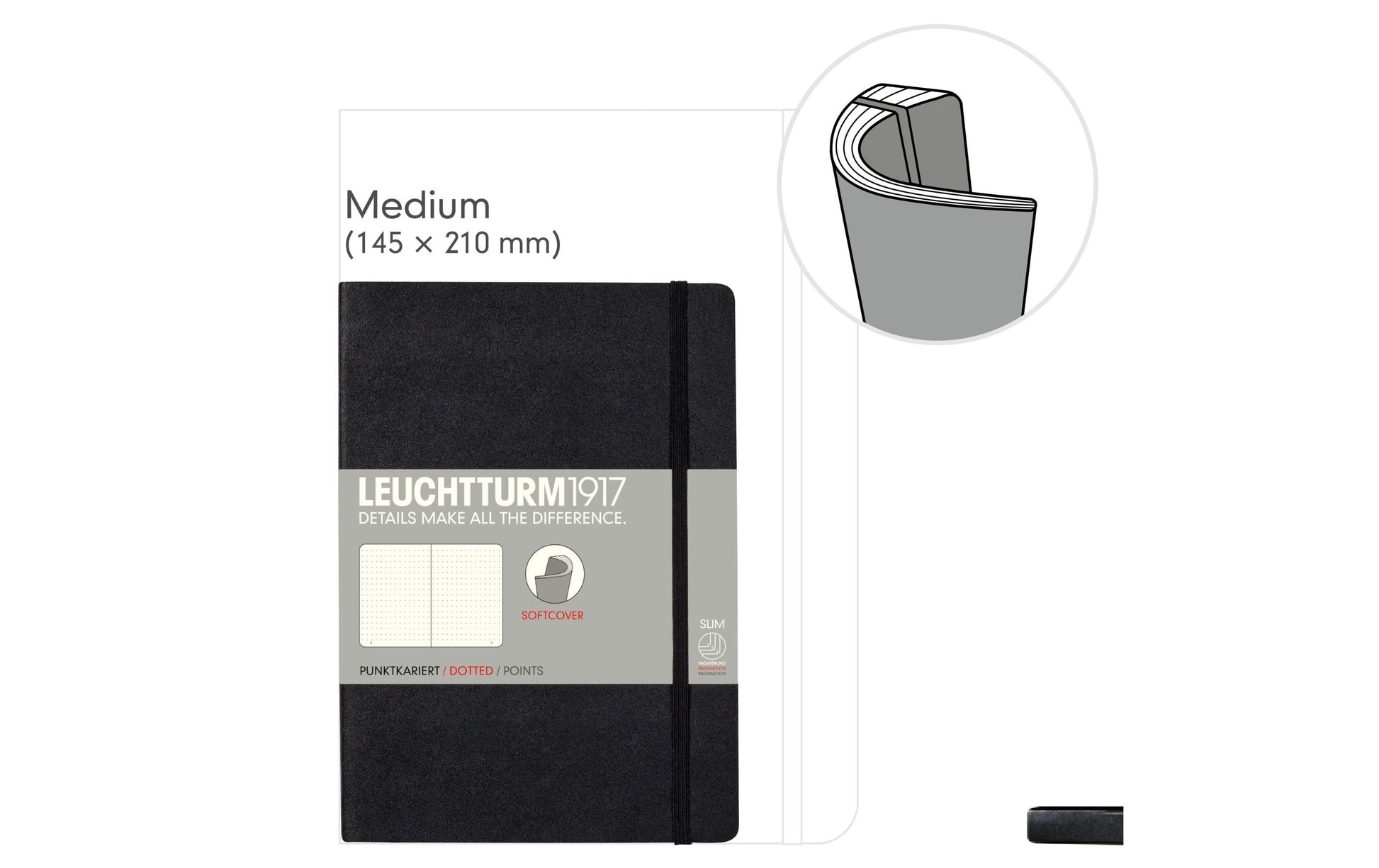 Leuchtturm Notizbuch – A5 – 121 Seiten – 80 g/m² – Softcover, Gummiband, Einstecktasche, schwarz