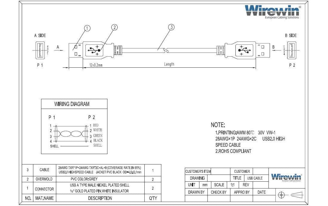 Wirewin USB-Kabel – USB-A auf USB-A – USB 2.0 (480 Mbit/s) – 3 m – Grau