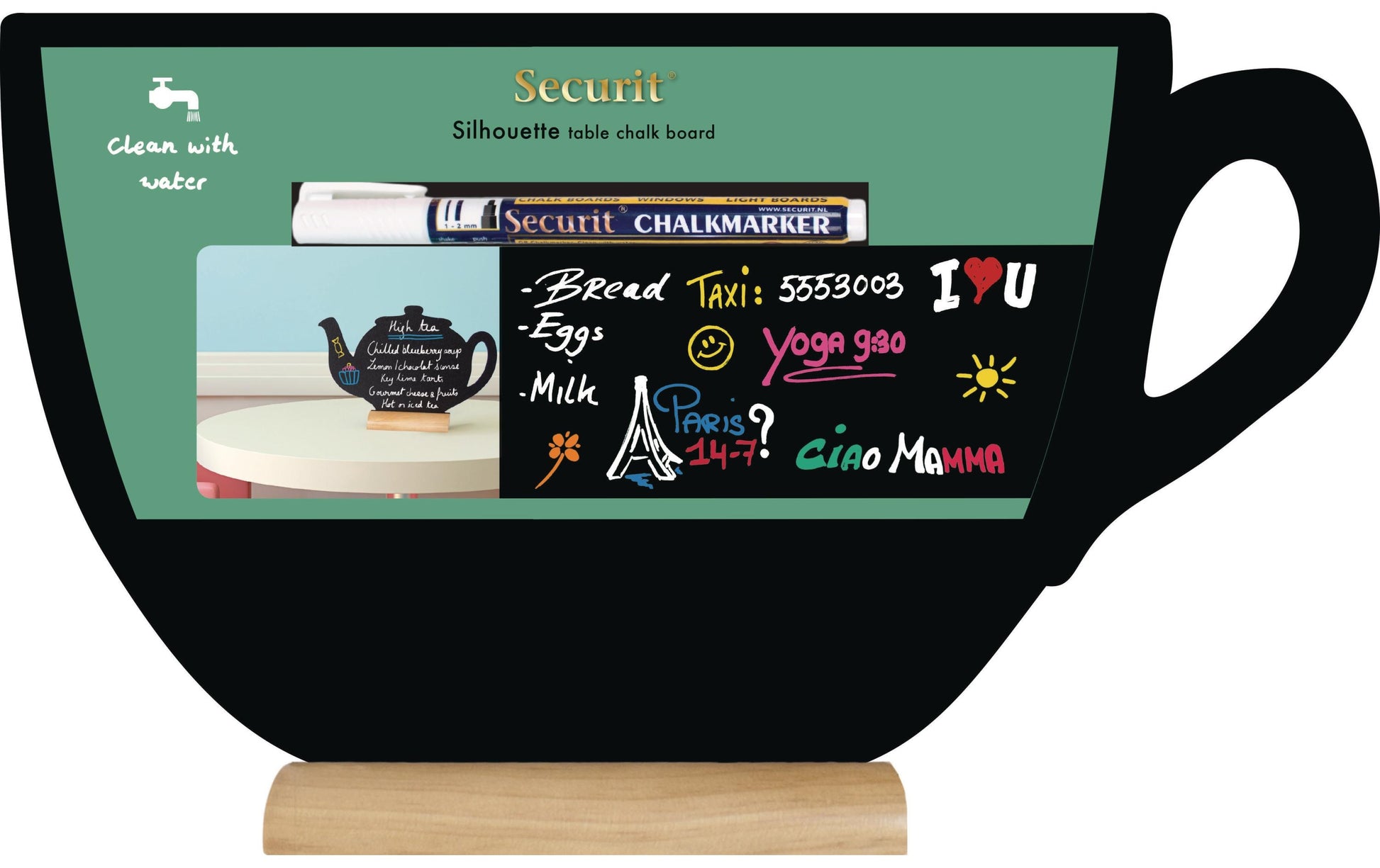 Securit Tischkreidetafel FBT-CUP – 330 × 220 mm, quer – Melamin, Holzsockel, schwarz – für Kreide
