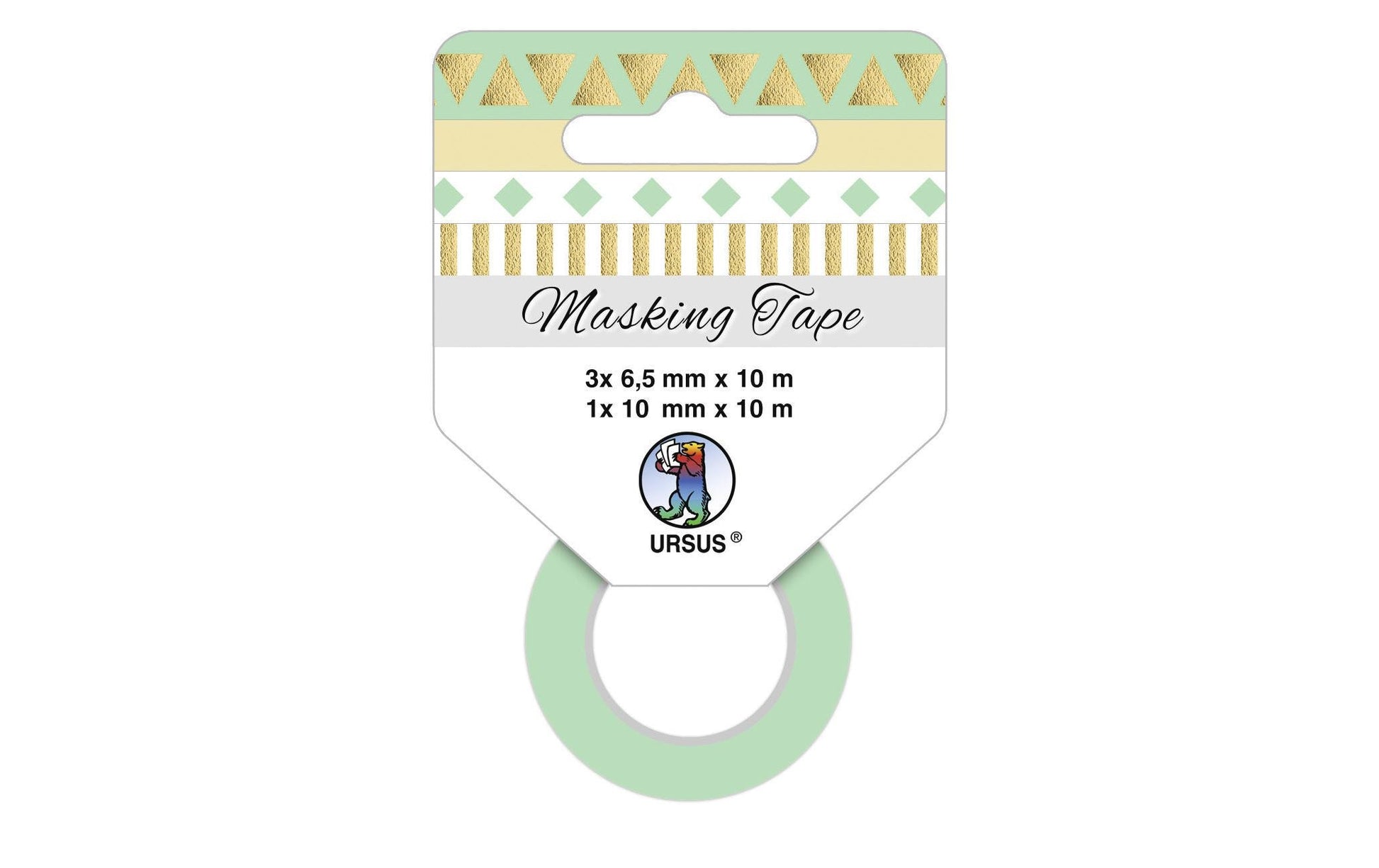 URSUS Washi Tape Grafik – 6,5 mm × 10 m, mehrfarbig (gold, grün) – 4 Rollen, Papier