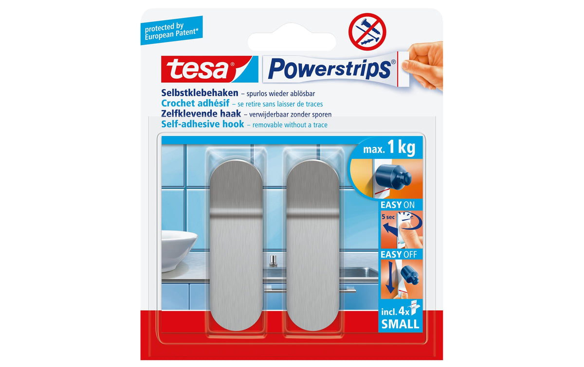 TESA Powerstrips Small Klebehaken – gebürsteter Edelstahl, 1 kg, Klebestreifen, 2er-Set